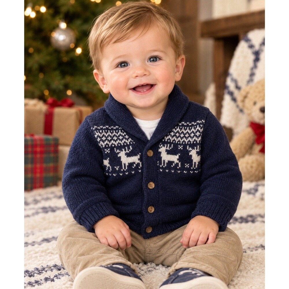 Janie and Jack Shawl Cardigan~Fair Isle Reindeer & Snowflake Pattern Size 6/12M
